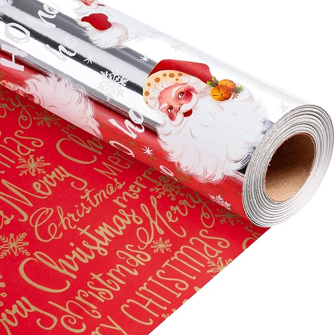 MAYPLUSS Christmas Wrapping Paper Roll - 17IN X 33FT - Silver Gift Wrap Paper Featuring Santa Claus Snowflake HO Reversible Gold Merry Christmas for Kids, Holiday, New Year