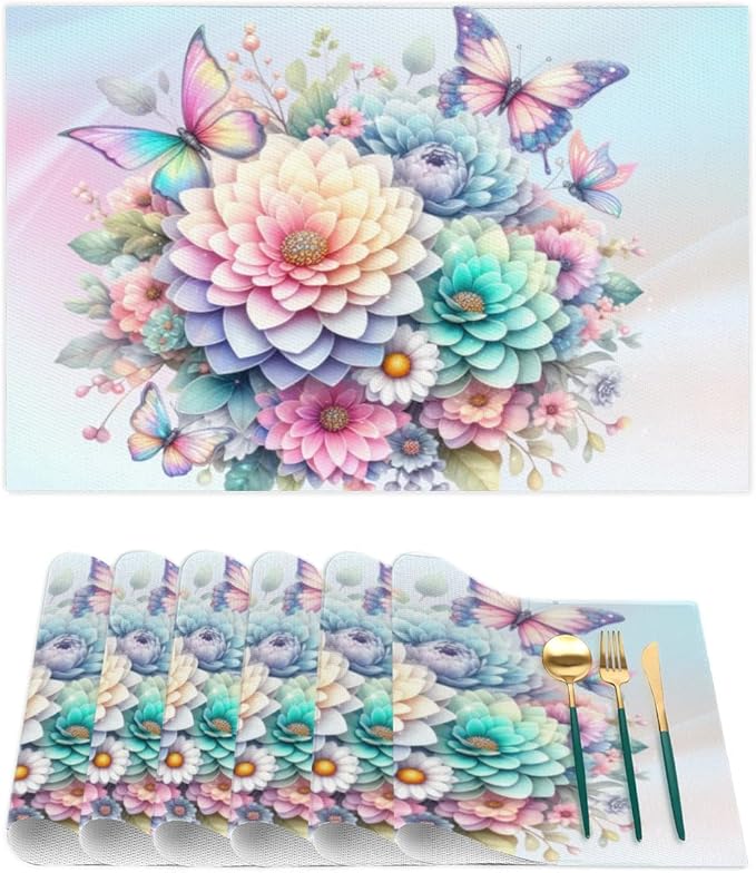 PVC Placemats Set of 6 Spring Flower Floral Wipeable Table Mats Washable Heat Resistant Non Slip Vinyl Dining Table Mat for Kithen Indoor Outdoor Patio Farmhouse Place Mats Decorative