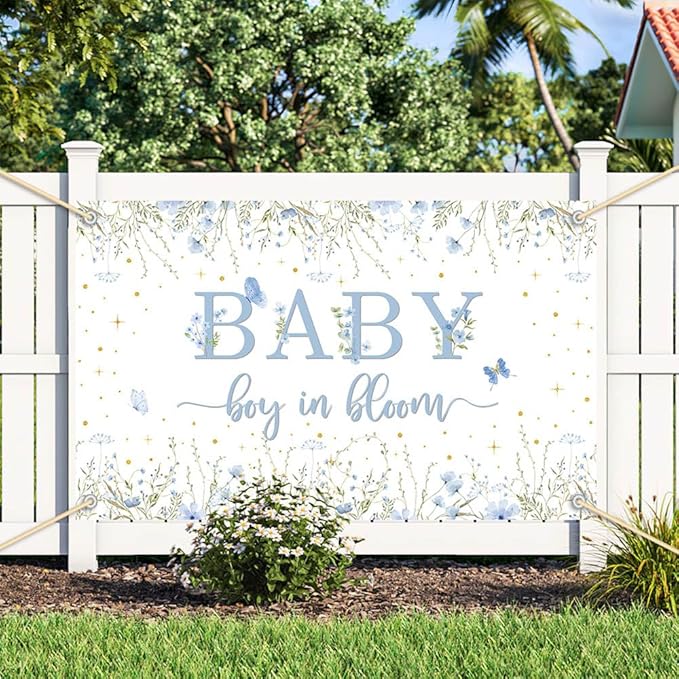 8x6ft Baby Boy in Bloom Backdrop for Boys Wildflower Baby in Bloom Baby Shower Decorations Banner Blue Floral Baby Shower Photography Background Cake Table Decor Supplies Photo Booth Prop