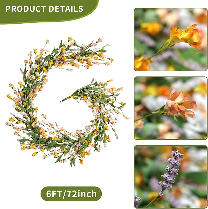Artgar Flower Garland 6Ft Spring/Summer Garland Floral Garlands for Mantle All Year Round Paper Garlands Decor for Indoor Outdoor Home Wedding Arch Porch Stair Backdrop Year Round Decor (Yellow White)