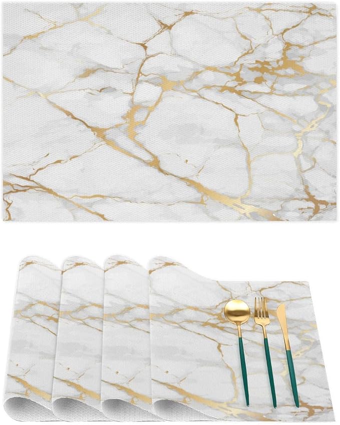 PVC Placemats Set of 4 White Gold Marble Wipeable Table Mats Washable Heat Resistant Non Slip Vinyl Dining Table Mat for Kithen Indoor Outdoor Patio Farmhouse Place Mats Decorative