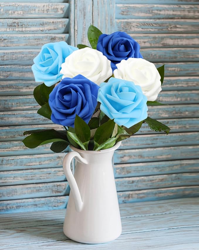 JOYLEX Artificial Flowers Realistic Roses, Real Looking Fake Roses with Stem for DIY Wedding Bouquets Centerpieces Bridal Shower Party Home Romantic Decorations (Shades of Blue, Regular 3" - 200pcs)