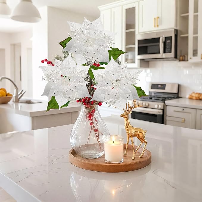 10" Poinsettia Flower Artificial for Christmas Tree Decor, 3 Pcs Faux Glitter Poinsettias Stems for DIY Xmas Wreath & Garland, Christmas Ornaments for Home Party, Holiday & Wedding Decorations, White
