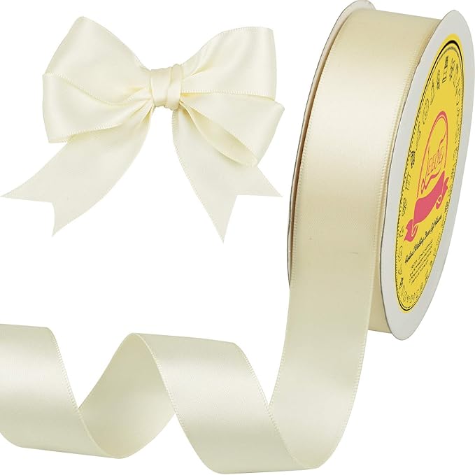 Double Face Ivory Satin Ribbon 1 inch X 25 Yards Polyester Ivory Ribbon for Gift Wrapping Very Suitable for Weddings Party Hair Bow Invitation Decorations and More