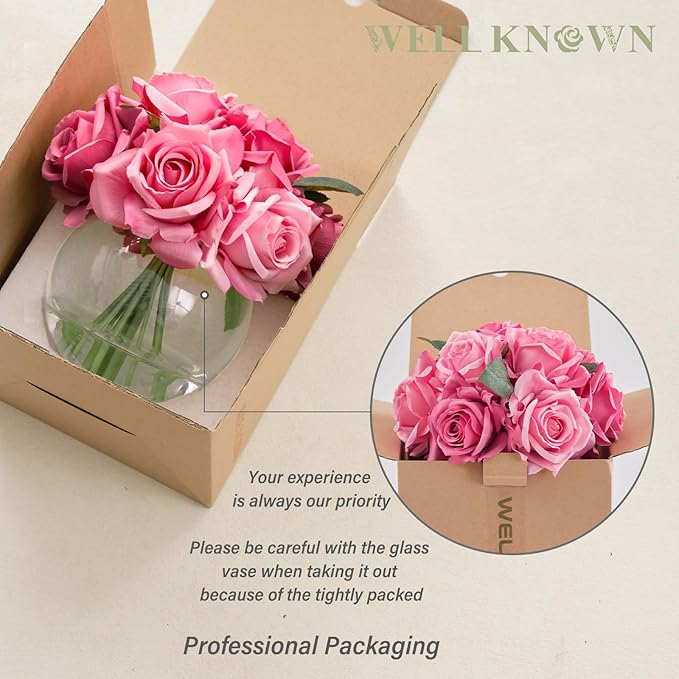 WELL KNOWN Artificial Flowers with Vase, Silk Rose Artificial Flowers Table Centerpieces with Faux Water for Home Decoration Fake Roses Flower Arrangements for Table Decor (Fuchsia)