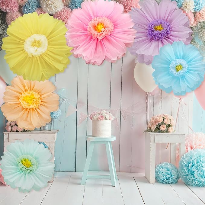 Giegxin 6 Pcs 31.5" 24" Pastel Giant Paper Flowers Extra Large Pink Floral Tissue Paper Flowers Pastel Floral Decoration for Christmas Mexican Fiesta Wall Wedding Bridal Shower Birthday Decor
