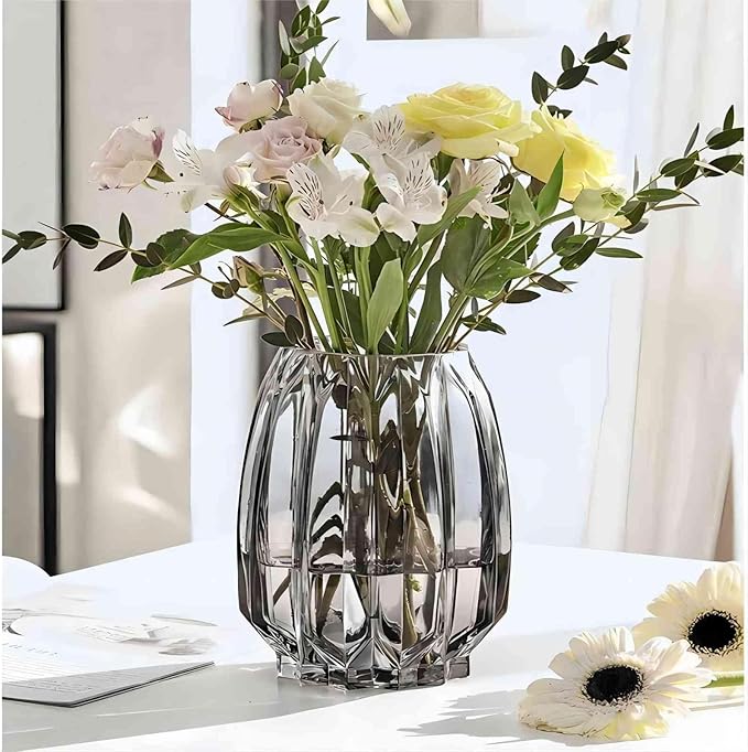 Flower Vase,7.8 inch,GIDARY Thickened Clear Ribbed Glass Vase for Bookshelf,Dinner Table,Indoor Office Desktop,Meeting Room,Home Christmas Day Decoration