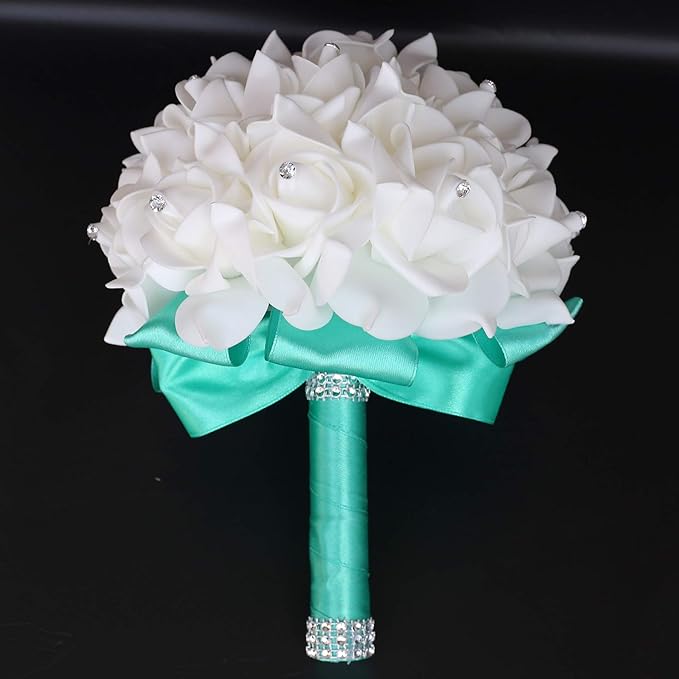 Wedding Bouquet, Green Bouquet for Bride Bridesmaid with Diamond Soft Ribbons, Artificial Rose Bridal Holding Flowers for Party Church