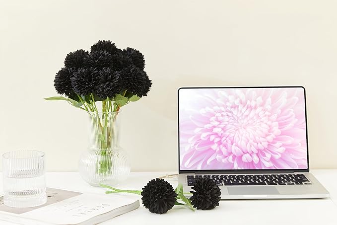 SITUMEIZI 12 Pcs Black Artificial Chrysanthemums Flowers Ball Flower Fake Mums Silk for Halloween Thanksgiving Day Fall Wedding Home Decoration Floral Arrangement