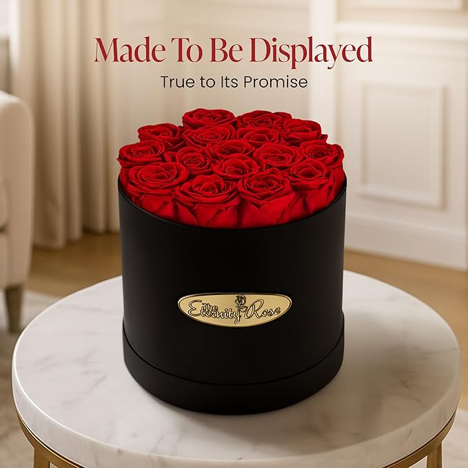 The Eternity Rose 16-Piece Preserved Roses in a Luxury Gift Box – Real Roses in Black Round Box – A Valentine’s Gift as Everlasting as Your Love