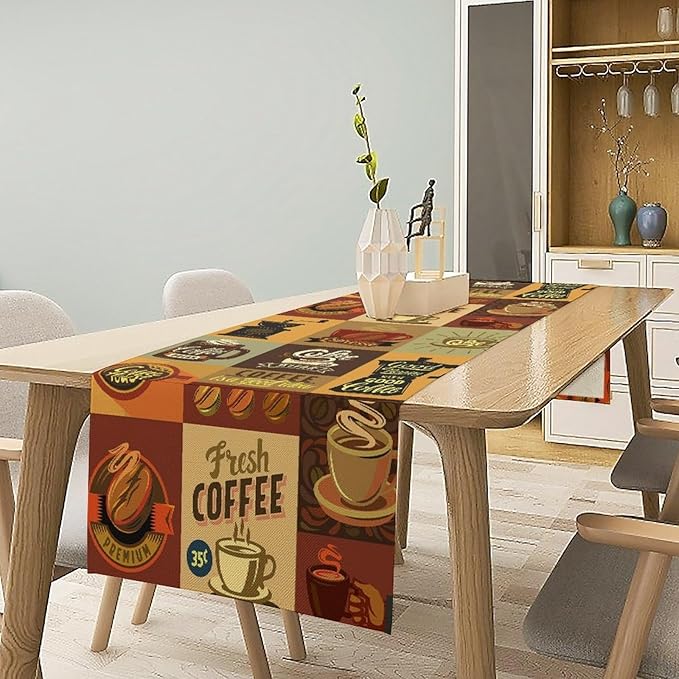 Vintage Coffee Theme Table Runner Cups of Coffee Beverage Mugs Seasonal Dinner Runner Table Decoration for Farmhouse Cabin Home Kitchen Dining Holiday Party 13x108in