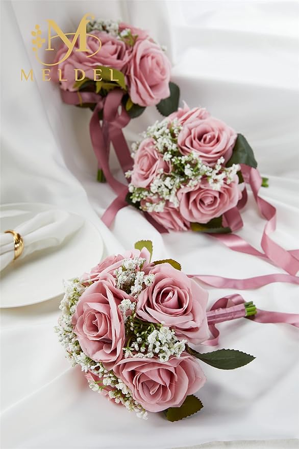 Meldel 6.5 Inch Bridesmaid Bouquet Set of 6, Wedding Bouquets for Bridesmaids, Rose Bridesmaid Bouquets for Wedding, Artificial Wedding Bouquet Flower, Floral Wedding Centerpieces