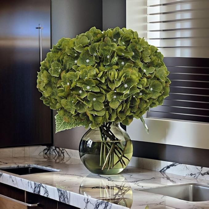 2Bouquets Artificial Fake Flowers Plants Silk Hydrangea Arrangements Wedding Bouquets Decorations Plastic Floral Home Kitchen Garden Party Festival Bar DIY(Olive Green,5 Flower Heads)