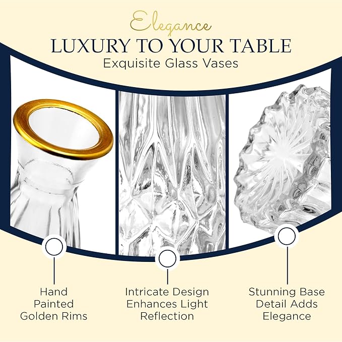 Luxury Glass Bud Vase Set of 5 – Hand Painted Gold Rim Mini Vases, Elegant Small Glass Vases for Centerpieces, Vintage Clear Flower Vases for Wedding, Table, Home & Party Décor