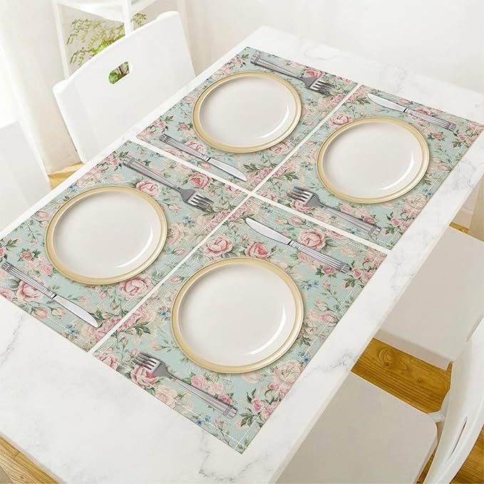 Pink Flowers Placemats Set of 6, 17x12 Inch Rustic Spring Floral Blossom Natural Romantic Table Mats for Home Party Kitchen Dining Decor