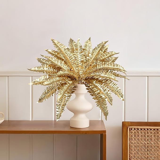 Artificial Gold Ferns Stems Christmas Branch 3Pcs Fake Leave Flower Plant Faux Plant for Vase Bouquets Table Centerpieces Decoration Home Decor