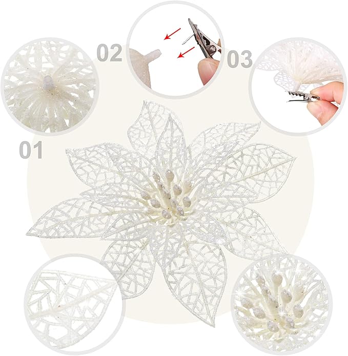 Boao White 24 Pieces Poinsettia Flower Christmas Glitter Artificial Poinsettia with Clips Christmas Tree Ornament Decorations for DIY Xmas Wreath Holiday Home Party Decor, 3/4/6 Inches