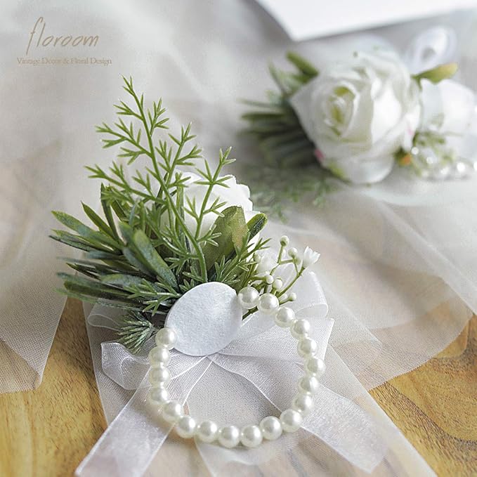 Floroom Set of 6 Ivory Rose Wrist Corsage Wristlet Band Bracelet for Women Bride Bridesmaid White Wedding Prom