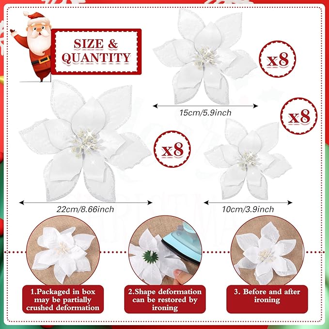 WILLBOND 24 Pcs 3 Size Poinsettia Flower Artificial Christmas Decor Glitter Poinsettia Christmas Ornaments Faux Flowers for Xmas Tree Outdoor(4/6/7.9 Inches,White)