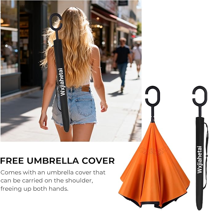 Inverted Umbrella, 49 Inch Double-Layer Vented Reverse Umbrella, Windproof Waterproof UV Protection, Lightweight C-Handle, Fiberglass Ribs, Steel Shaft, Travel/Commute/Car Use, With Sleeve