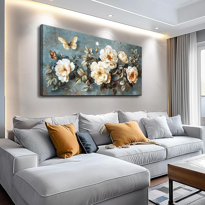 PHAOHUAXM Large Canvas Wall Art For Bedroom Wall Decorations For Living Room Office Decor Abstract Pictures White Flower Dining Room Painting Artwork Modern Framed Posters Home Decoration 24"x48"