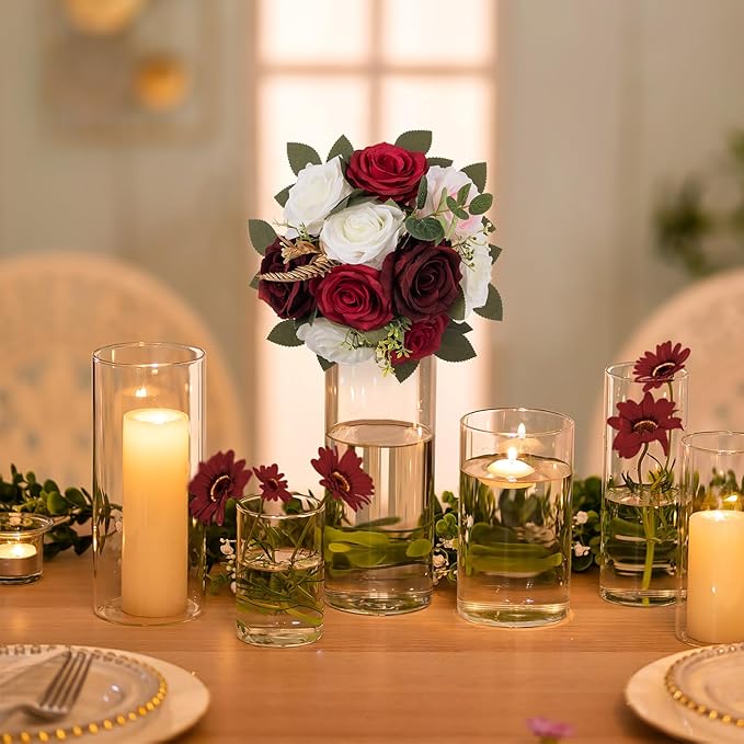 BLOSMON Artificial Flowers Ball Wedding Centerpieces 10 Pcs Burgundy Rose Artificial Flower Center Pieces Decoration for Table Silk Kissing Ball Faux Floral Bouquet Arrangements Home Party DIY Decor
