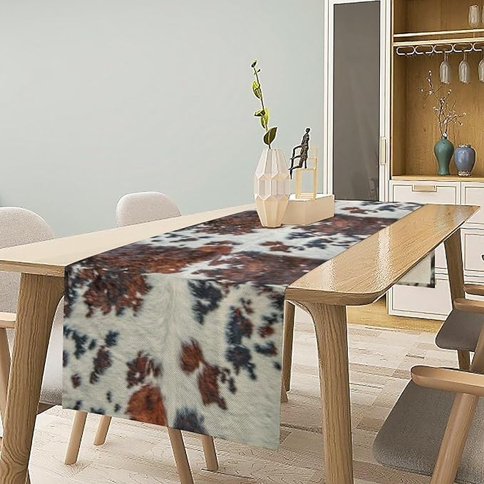 Cow Print Table Runner, Brown Cowhide Print Western Style Table Runner Country Farmhouse Cottage Cow Patten Table Decoration for Home Kitchen Dining, 13x120 in