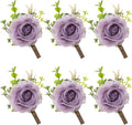 Ivory Rose Boutonniere for Men Wedding Set of 6 Groom Groomsmen Best Man Artificial Flowers Boutonniere for Wedding Ceremony Anniversary Prom Flowers Formal Dinner Party (6, Purple, Middle)