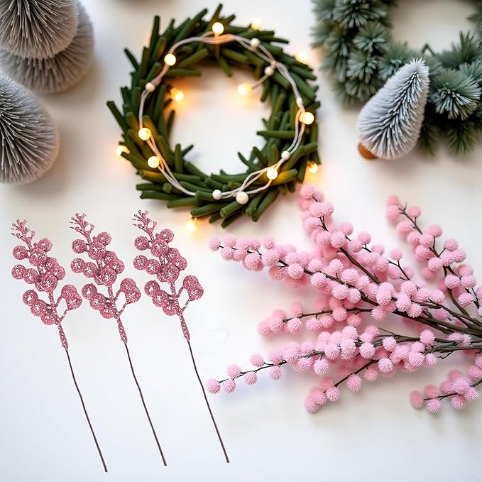 24 Pack Christmas Glitter Berries Stems Clearance, 8.66 Inch Artificial Berries Christmas Picks for Christma Tree Ornaments, DIY Xmas Wreath, Crafts, Holiday and Home Decor, Pink