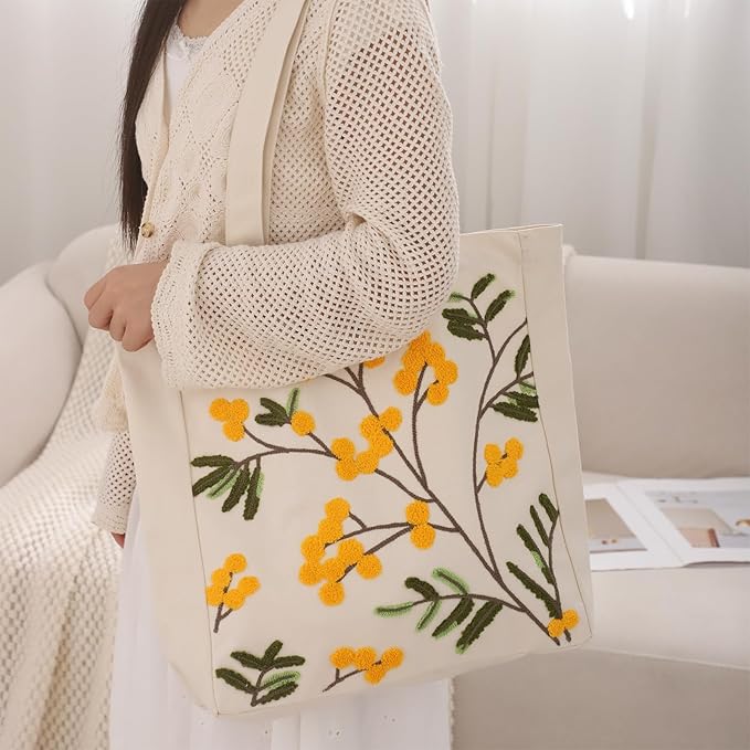 Aesthetic Embroidery Tote Bag for Lady Cute Reusable Canvas Shoulder Bag for Girls Women Shopping Grocery
