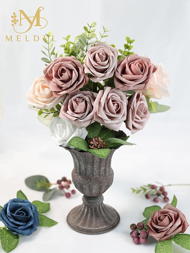 Meldel Artificial Flower 25pcs Real Touch Dusty Pink Rose Fake Foam Roses with Stems for DIY Wedding Bouquets Gifts Bridal Shower Faux Floral Centerpieces Arrangements Home Party Tables Decorations