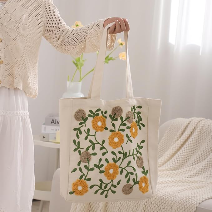 Aesthetic Embroidery Tote Bag for Lady Cute Reusable Canvas Shoulder Bag for Girls Women Shopping Grocery