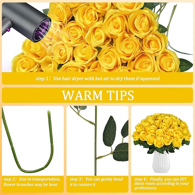 30pcs Fake Roses Artificial Silk Flowers Long Stems Bouquet for Wedding Bridal Shower Party Home Decoration (Yellow)