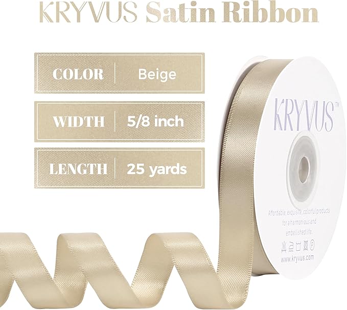 Beige Satin Ribbon, Double Faced 5/8 Inch X 25 Yards Beige Ribbon, Premium Satin Ribbon for Gift Wrapping, Crafts, Hair Bow Making, Sewing, Flower Bouquet, Wedding Party Decor