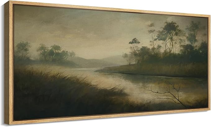 SIGNFORD Extra Large Framed Canvas Print Wall Art Misty River with Trees Tranquil Nature Landscape Illustrations Modern Art Relax/Calm Warm for Living Room, Bedroom, Office - 60"x30"