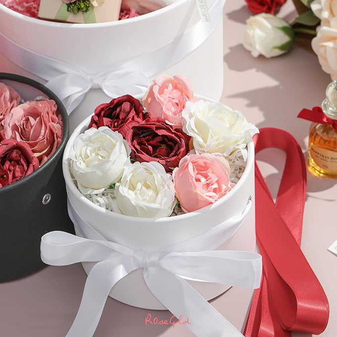 ROSEGLD Round Gift Boxes with Lids Set of 4, Luxury Gift Boxes with Ribbons Assorted Sizes, Nesting Gifts Boxes for Flowers Arrangements, Bridesmaid, Proposal, Wedding, Birthday, Party (Matte White)