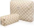 2PC Makeup Bag Set, Cute Cosmetic Bag for Women Girls, Floral Coquette Aesthetic Toiletry Bag, Travel Make Up Organizer Bag (Brown Checked)