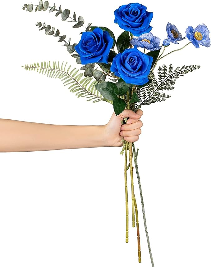 DuHouse 10pcs Silk Roses Artificial Flowers Fake Rose for Arrangement Wedding Party Home Decoration (Klein Blue)