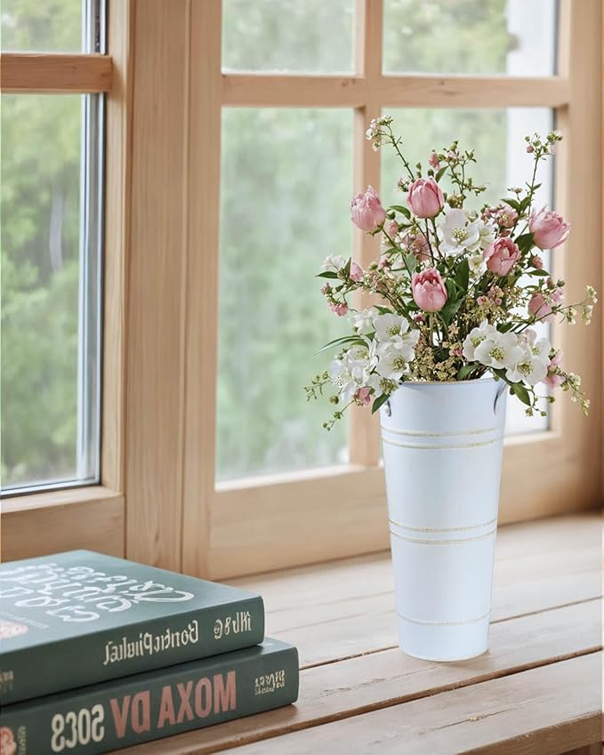 9 Inch Galvanized Metal Vases for Flowers - 6 Pcs Farmhouse Decorative Tall Flower Bucket with Handles, Rustic French Tin Planter Buckets for Wedding Decor (Vintage White)