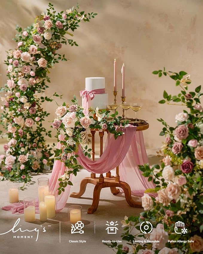 Ling's Moment Wedding Artificial Welcome Sign Flowers Swag Arch Floral Garland Decorations Dusty Rose Cream Ceremony Reception Entrance Entryway Party Banquets Easel Wall Home Outdoor(NOT Include Sign