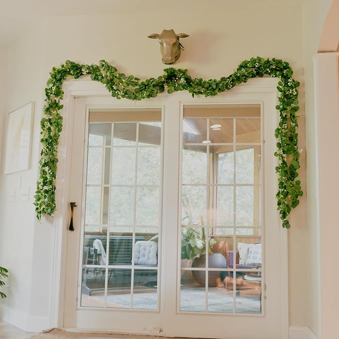 CQURE 6 Pack 5.9Ft Eucalyptus Garland,Artificial Eucalyptus Flowers Leaves Table Greenery Garland Wreath Vines for Wedding Party Table Bedroom Wall Decor
