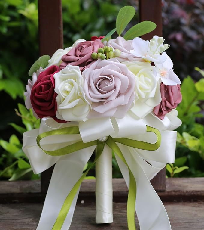 Lightweight Bridal Wedding Bouquet Round Holding Bouquet Throw Toss Artificial Rose Flower Bunch for Bride Bridesmaid Wedding Quinceanera (Cream, Smoky Rose, Light Taro & Burgundy, 6.7")
