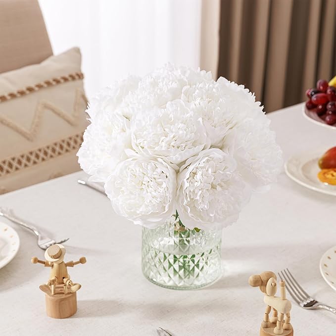 U'Artlines Artificial Peony Silk Flower with Stems 20pcs Real Look Vintage Peonies for Home Wedding Decoration(Pure White)