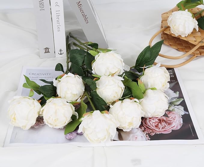 10pcs White Silk Peonies with Single Stem - Faux Flowers for Wedding Table Centerpieces, Home Decorations, Bridal Bouquets & Floral Arrangements