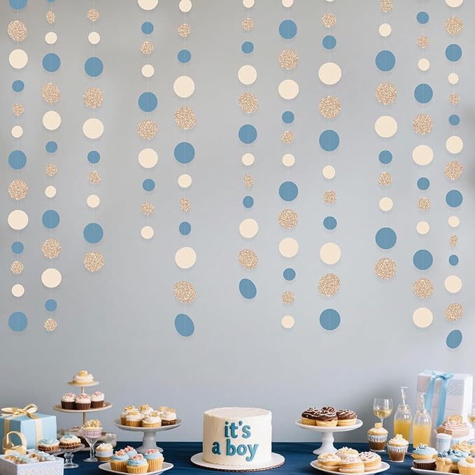Champagne Gold Dusty Blue Beige Circle Dot Garland Hanging Paper Polka Dot Streamer for Men Boy Birthday Baby Shower Wedding Bridal Shower Retirement Engagement Bachelorette Party Decorations Supplies
