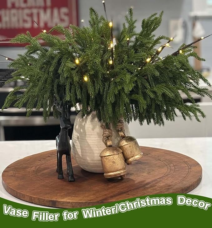 12 Pcs Christmas Norfolk Pine Branches Real Touch Norfolk Pine Stems Picks Faux Greenery Holiday Evergreen Stems for Vase DIY Crafts Garland Wreath Home Decor - 18" Long