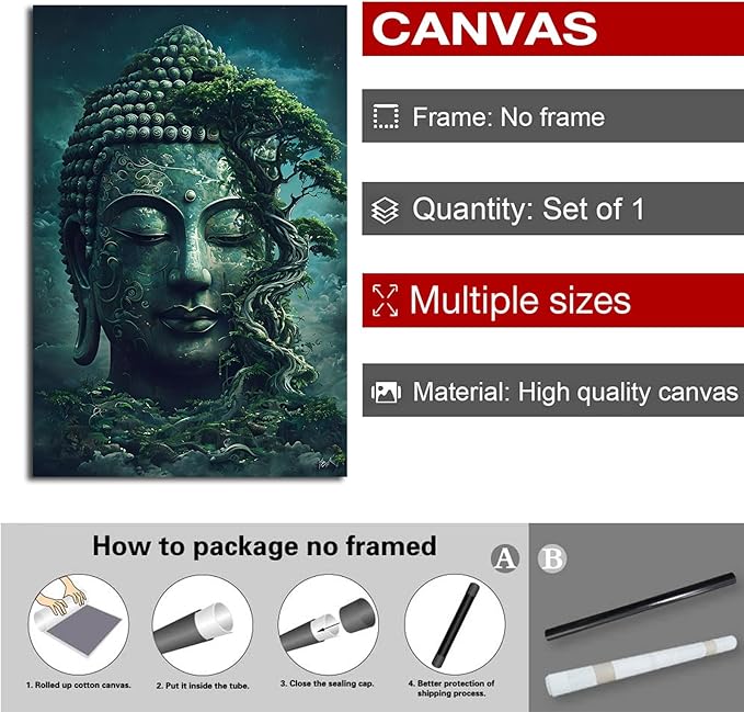 Buddha statue wall art canvas wall decor aesthetic picture mystical nature art for tranquil home and spiritual space 24x36in Frameless