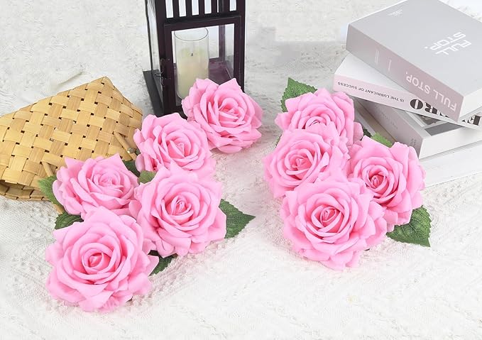 IPOPU 5 Inches Pink Large Rose Heads Artificial Flowers Pink Rose with Stems10pcs Fake Flower Bulk for Wedding Home Party Office Floral Arrangements(Pink)