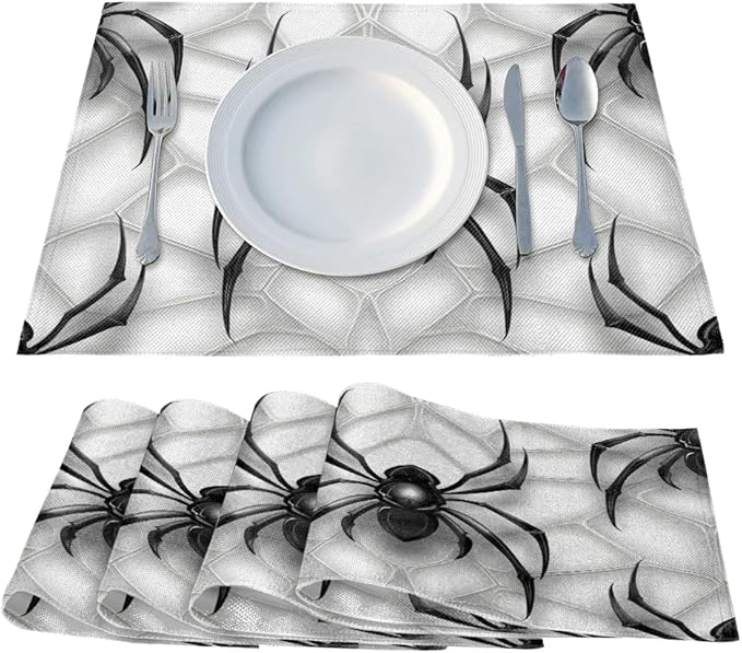 Black Spiders Placemats Set of 6, Washable Linen Place Mats, Spiders Web Table Mats for Kitchen Dining Table Decor Heat Resistant Tablemats 12x18