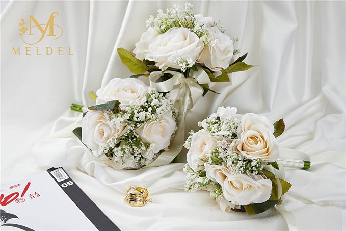 Meldel 2 x Artificial Silk Rose Bridesmaid Bouquets, 6.5'' Wide x 9.5'' Tall, Rustic Wedding Decor, Milk White, Set of 1, Ready to Use